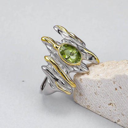 Anillo abierto unisex de prehnita con personalidad irregular en plata de ley S925