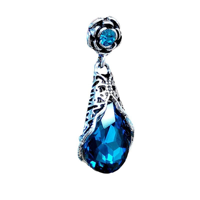 Rose Water Drop Flower Earrings Fashion Polo Peacock Blue Crystal