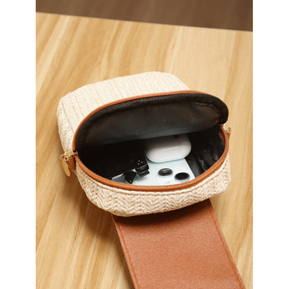Bolso de paja moderno para teléfono móvil con borlas de perlas