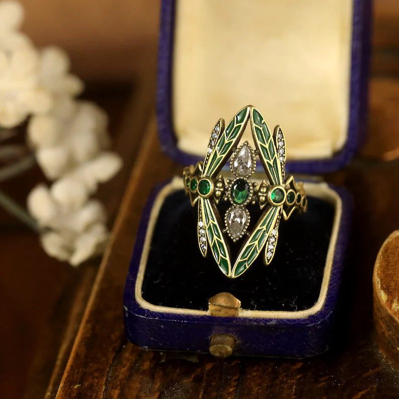 Dragonfly Wide Face Gemstone Women's Vintage Jewelry Ring