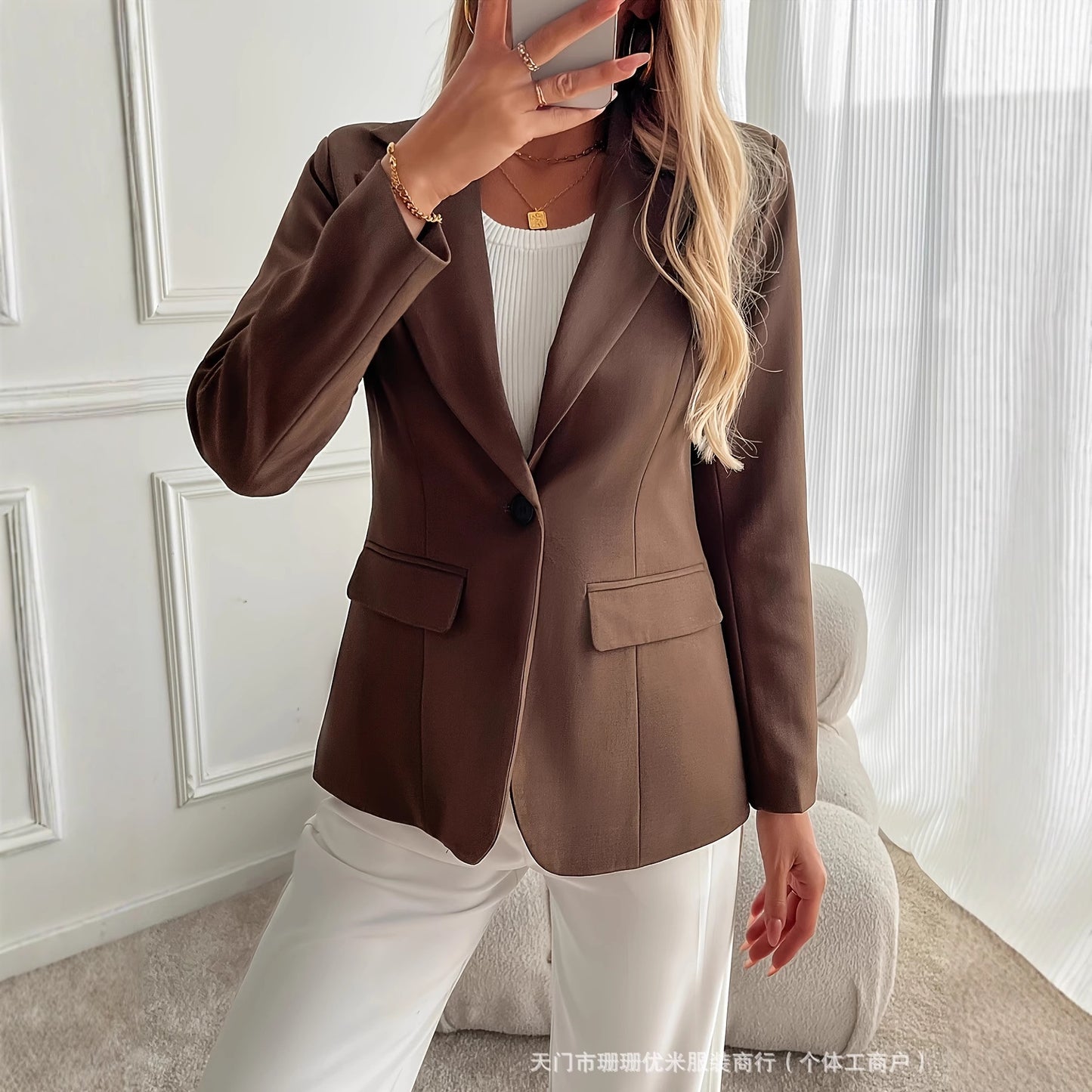 Fashionable Elegant French Solid Color Polo Collar Jacket