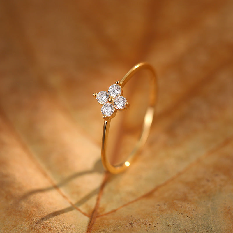 Diamond Four-leaf Clover Ring Female Gold Plated High-grade Closed Mouth