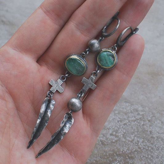 Metal Cross Feather Tassel Earrings For Women