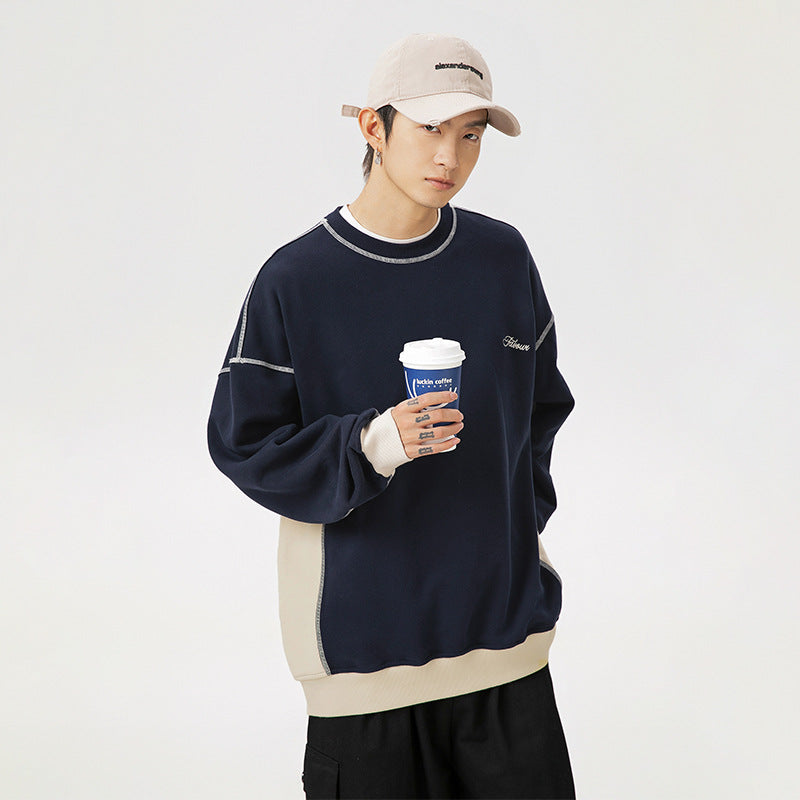 Heavy Loose Open Line Contrast Color Sweatshirt Male Spring Style