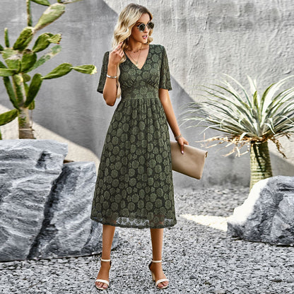 Mode V-Ausschnitt Spitzenkleid Sommer Elegante Kurzarm Lange Kleider für Frauen