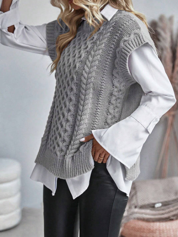 Women's Round Neck Sleeveless Knitwear Twist Thread Sweater