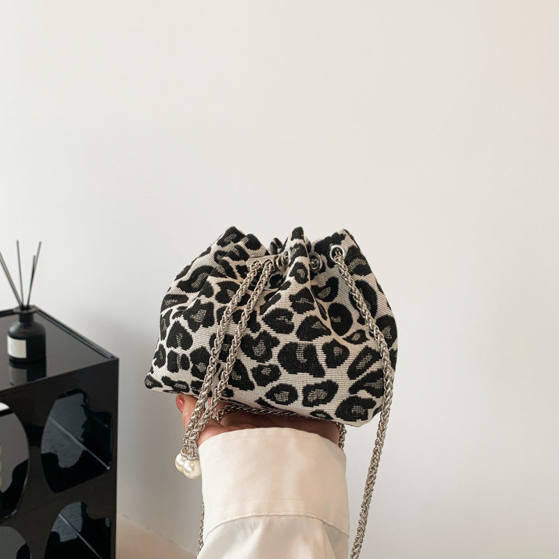 Leopard Print Woven Crossbody Chain Bag