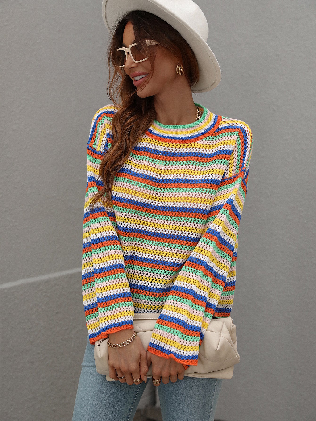 European And American Stitching Knitwear Women's Loose Cross-color Foreign Trade Round Neck Striped Sweater Women