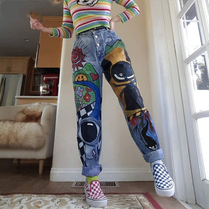 Damen Jeans mit Cartoon-Print, Haremshose, Hose für Damen