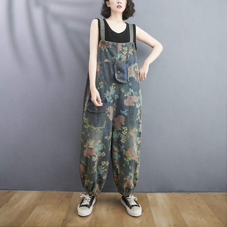 Western-style Large Denim Suspenders Loose Slimming One-piece Pants Women