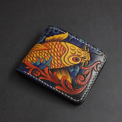 Erste Schicht Rindsleder Handgefertigte Leder Carving Brieftasche Kurze Karpfen Paar Geschenk