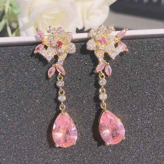 Flower Three-dimensional Rose Drop-shaped Gem Earrings