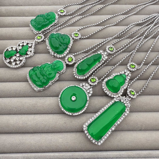 Artificial Chalcedony Lucky Pendant Pendant Emerald Green Safety-blessing Card Necklace Temperament