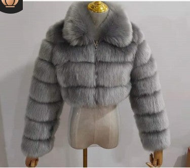 Chaqueta ligera de lujo para mujer con solapa de imitación de piel de zorro y manga larga con costuras