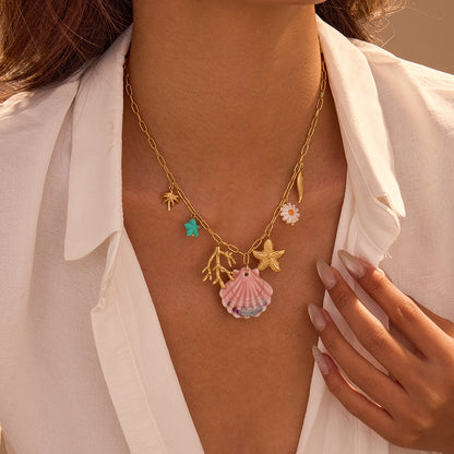 Collar estilo vacaciones océano con estrella de mar y concha de abanico, chapado en acero inoxidable de 18 quilates