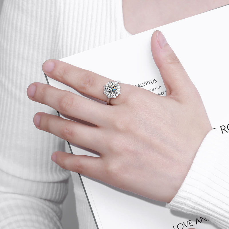 S925 Sterling Silver Wedding Ring Luxury Light Luxury Flower Ring High Carbon Rhinestone Ring