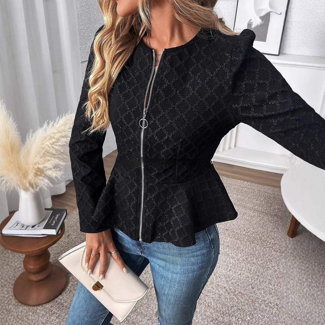 Women's Slim-fit Solid Color Embossed Waist-controlled Long Sleeves Round Neck Lightweight Top