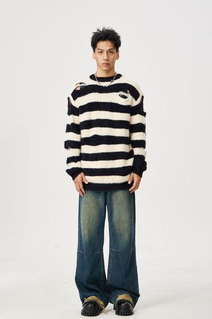 Men's And Women's Same Maychao Striped Round Neck Ripped Pullover Sweater