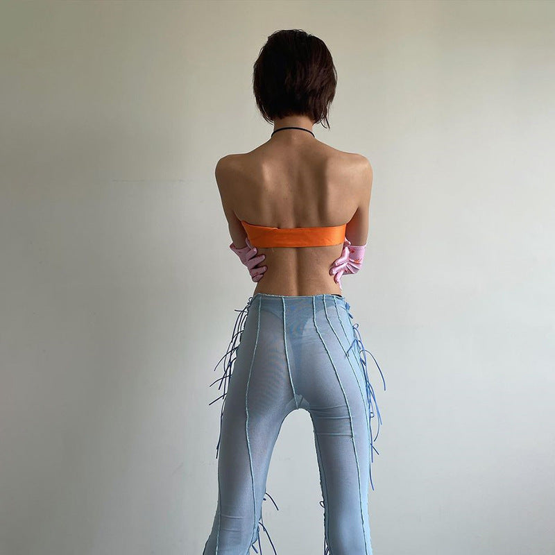 High Waist Straight Micro-Flare Hollow Lace-Up Mesh Casual Pants