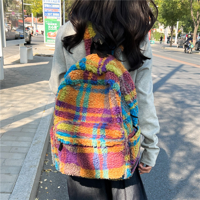 Niche – Retro-Rucksack aus Plüsch mit Karomuster und neuer Lammwolle