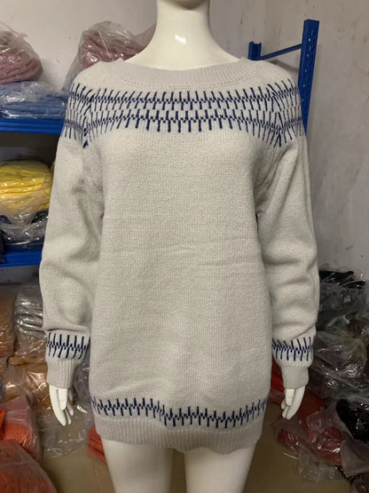 Suéter de punto holgado multicolor con cuello redondo para mujer
