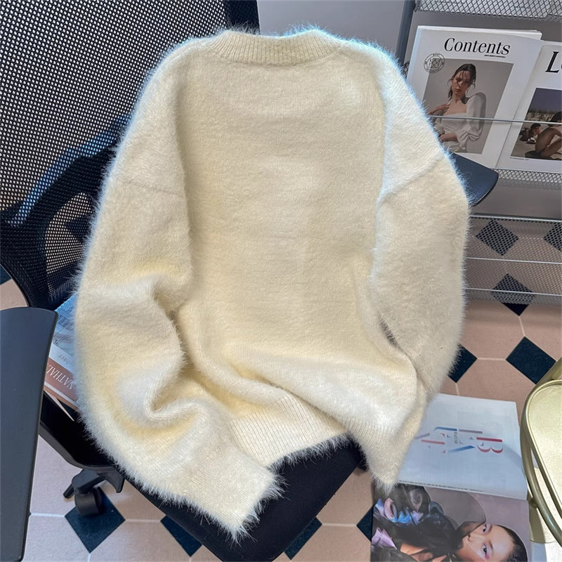 Bear Jacquard Knitwear White Sweater For Women