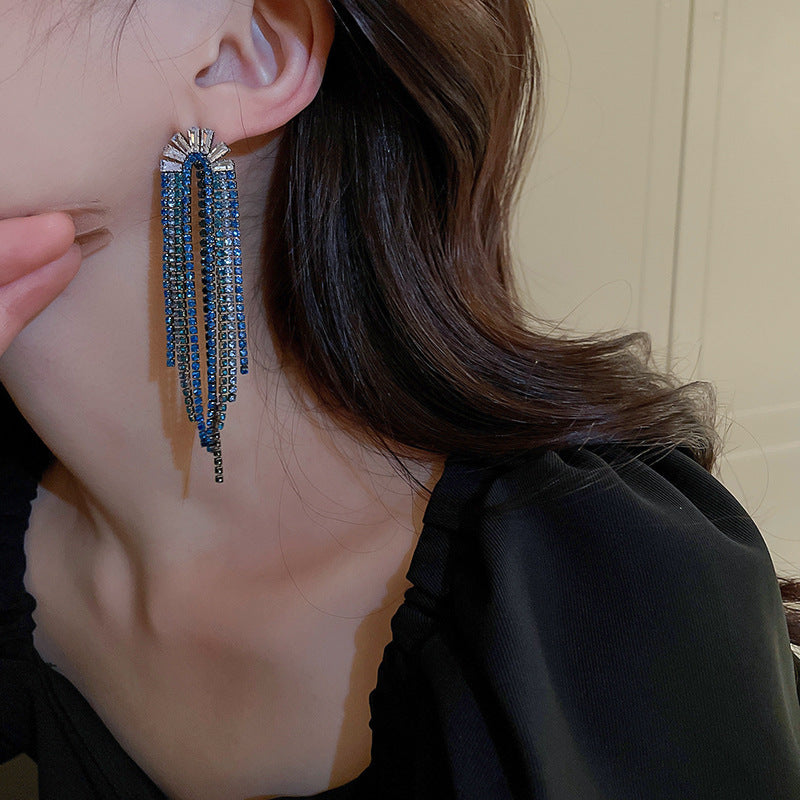 925 Silver Needle Personality U-shaped Zircon Rhinestone Tassel Earrings