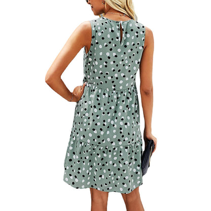 Vestido corto informal de verano con estampado de lunares, sin mangas, holgado y con bolsillo para mujer