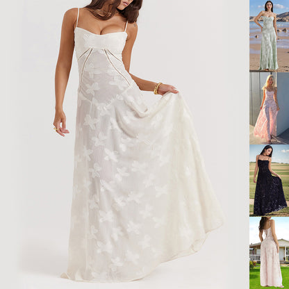 Vestido de verano largo con tirantes y encaje de flores, sexy, con espalda estrecha y cordones, para fiesta, noche y club.
