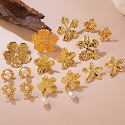 Pendientes de acero de titanio con perlas y flores de dulce personalidad