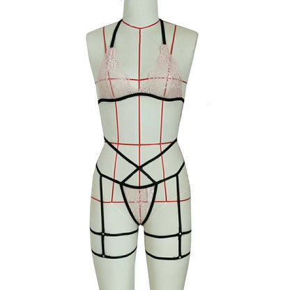 Conjunto de lencería sexy con encaje y tirantes para las piernas.