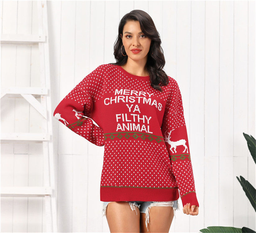 Women's Clothing Amazon Hot Knitwear Letter Deer Loose Plus Size Mid-length Sweater