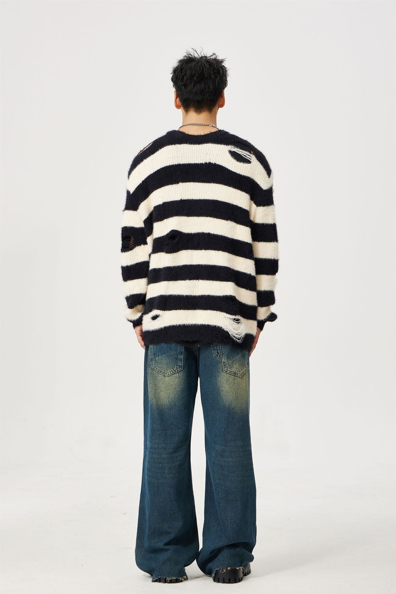Men's And Women's Same Maychao Striped Round Neck Ripped Pullover Sweater