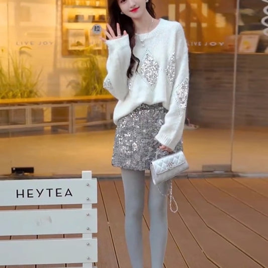 Heavy Embroidery Sequins Loose Sweater Idle Style Loose Outerwear Knitwear
