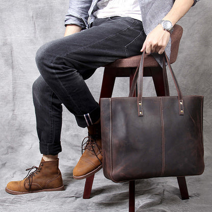Bolso de mano sencillo retro de piel de vaca de primera capa y gran capacidad para hombre