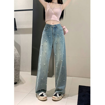 Pantalones vaqueros rectos de perla, cintura alta, ajustados, de pierna ancha, para mujer