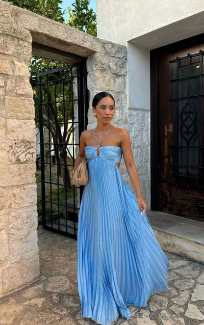 Vestido plisado sin mangas con tirantes y cintura alta para mujer