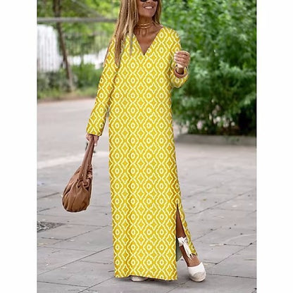 Vestido largo de verano con cuello en V y estampado geométrico, manga larga y aberturas para mujer