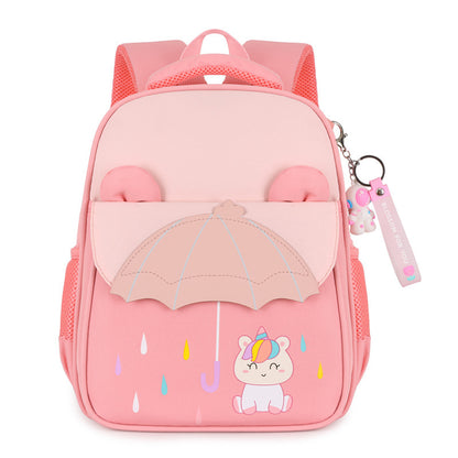 Mochila con dibujos animados de colores contrastantes para alumnos de jardín de infantes de nivel intermedio y avanzado.