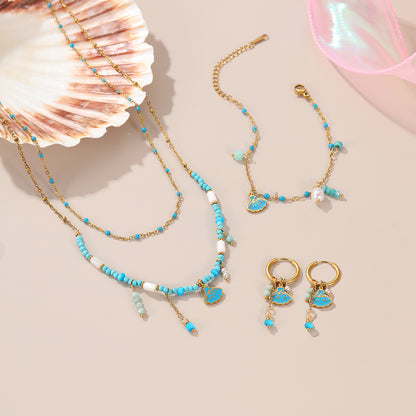 Collar de hilo de cuentas de colores, pendientes y pulsera de acero inoxidable