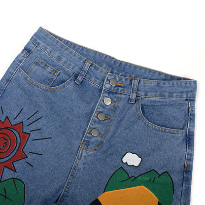Damen Jeans mit Cartoon-Print, Haremshose, Hose für Damen