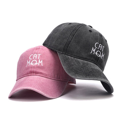 Gorra de béisbol lavada con bordado de letras "Cat Mom" ​​para hombre y mujer