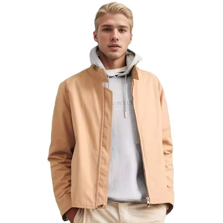 Stand Collar Zipper Solid Color Jacket Coat