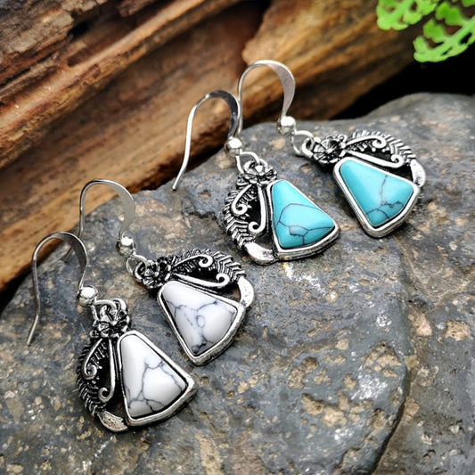 Retro Creative Feather Leaf Eardrops Flower White Turquoise Earrings