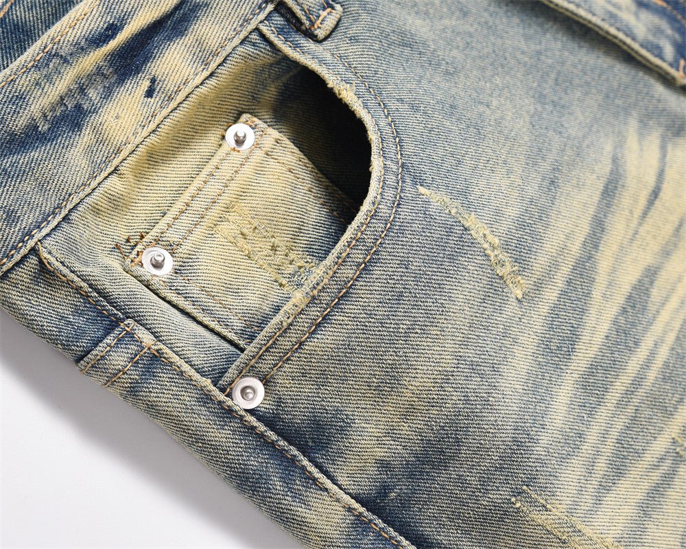 Distressed Scratches Denim Straight - leg Pants Men - BAGMODA