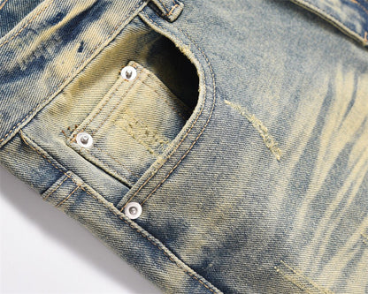 Distressed Scratches Denim Straight - leg Pants Men - BAGMODA