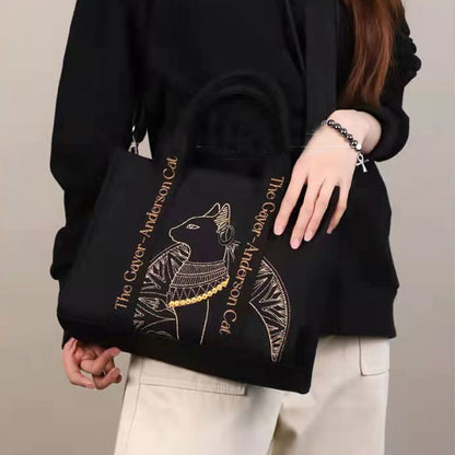 Schultertasche aus Canvas mit Katzenstickerei