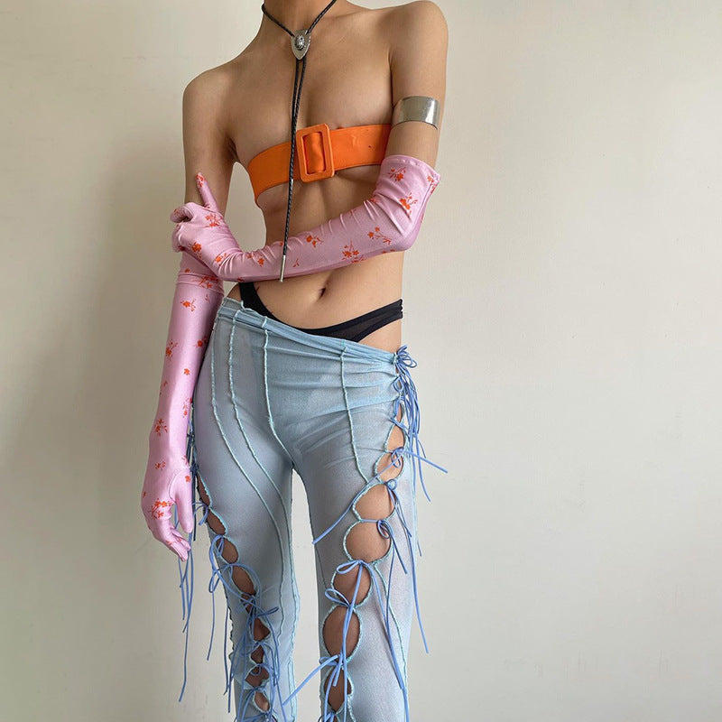 High Waist Straight Micro-Flare Hollow Lace-Up Mesh Casual Pants