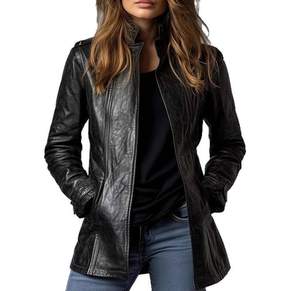 Chaqueta de cuero desgastada de manga larga con cuello alto para mujer