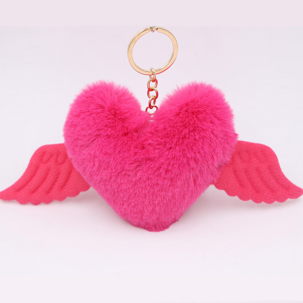 Peach Heart Wings Heart Wool Ball Keychain Pendant
